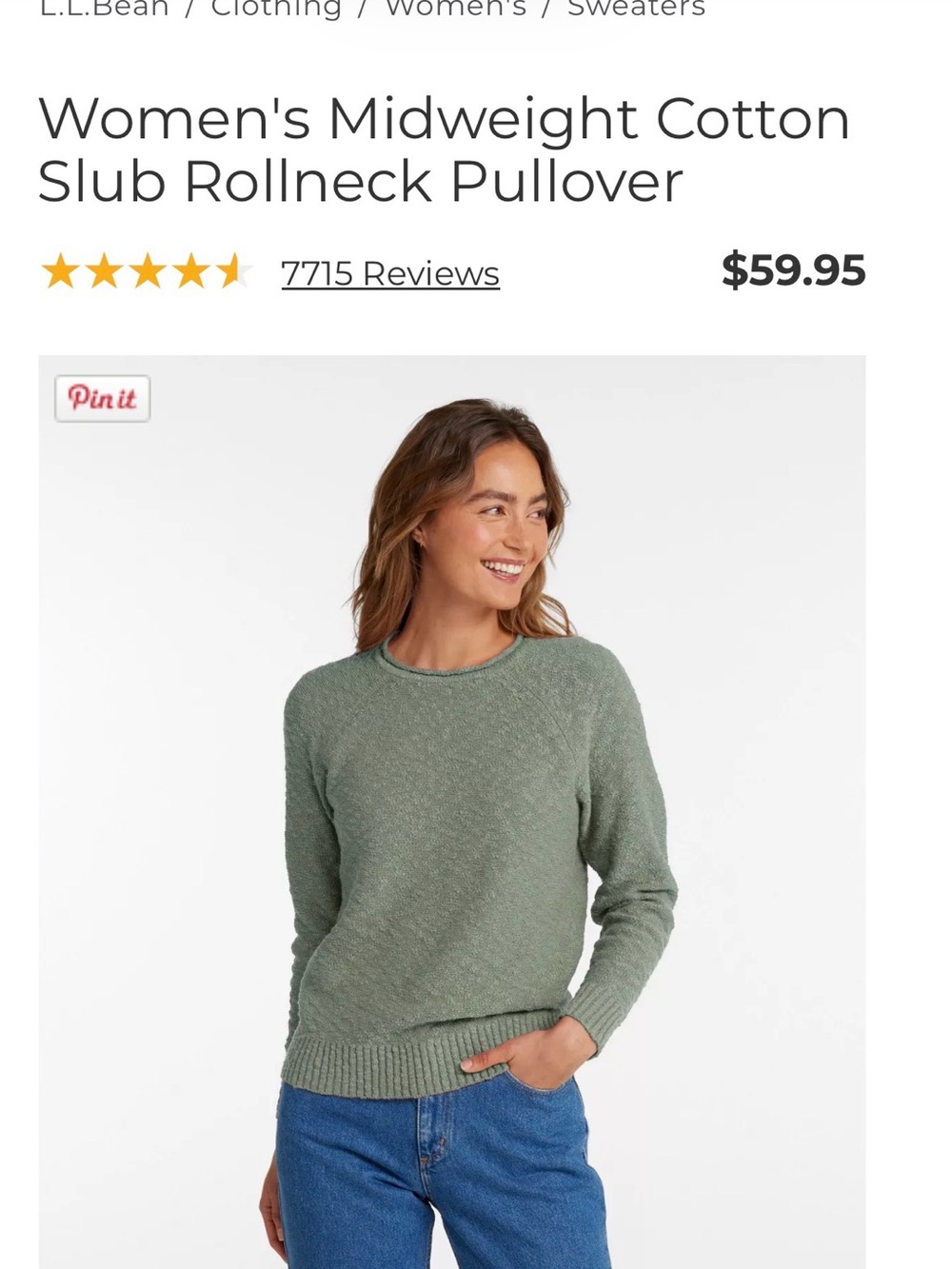 L.L. Bean Women's Cotton Slub Crewneck Sweater - Sage Green